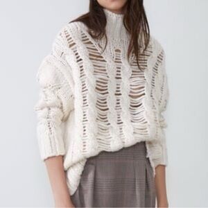 NEW Zara Open Chunky Knit Cable Knit Distressed Knit Turtleneck Sweater Small
